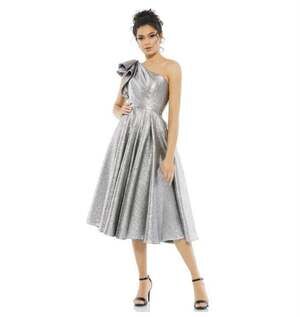 Mac Duggal Silver One Shoulder Bow Midi Dress 67906 Size 8 NWT